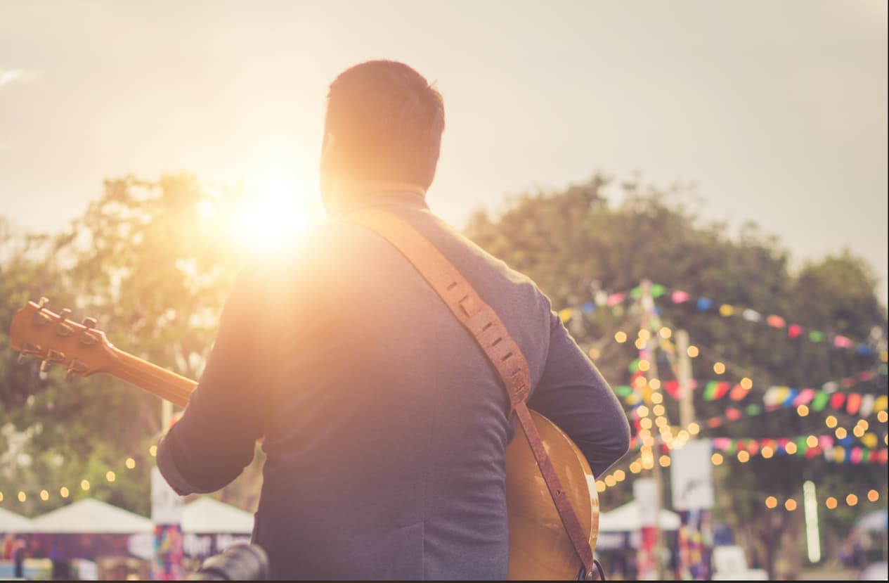 Musicians playing at an outdoor music festival.